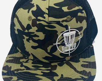 Disc Golf TARGET BASKET CAMO Hat Trucker Cap Snap Back Disc Golf Vinyl Logo