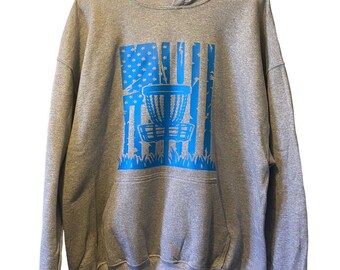 Disc Golf Patriotic AMERICAN Flag Basket Blue Vinyl Logo XL Hoodie Grey