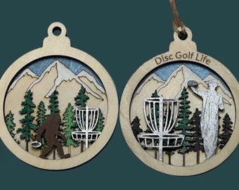 DISC GOLF Basket Sasquatch Ornament 3 Layer Wood Discgolfer Christmas Gift