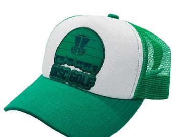 Disc Golf Leather Patch Hat Custom Trucker Hat Engraved Basket Wht/Kelly Green