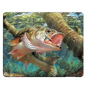 May include: A detailed illustration of a largemouth bass underwater, with its mouth open, revealing a small lure. The fish is brown and tan with red accents, set against a backdrop of submerged logs and aquatic plants. The artwork captures a moment of action.