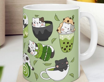 Matcha Tea and Cat Lovers Mug | Tea and Coffee Gift Mug | Kawaii Neko Matcha Design