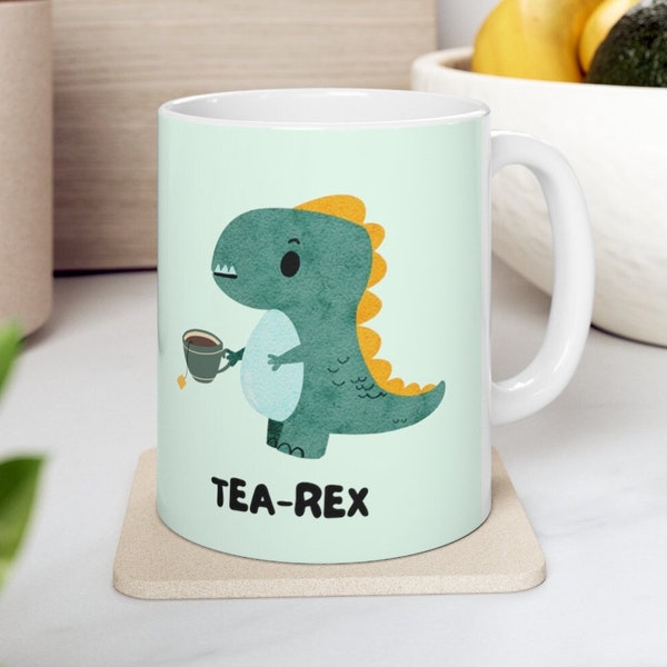 Tea-Rex Mug | Cute T-Rex Dinosaur | Mint Green Chocolate Mug for Coffee, Tea, or Hot | Pun Gift Idea