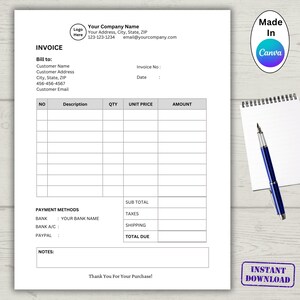 Small Business Printable Invoice Template, Editable Office Invoice Form, Instant Download Customizable Simple Order Form, Created in Canva.