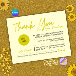 Yellow Business Thank You Card, Small Business Packaging Insert,  Thank You For Your Purchase, Editable Printable Discount Coupon Template.