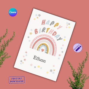 Carte de joyeux anniversaire arc-en-ciel pour enfant, carte de joyeux anniversaire pliée arc-en-ciel bohème modifiable, modifiable et modèle d'enveloppe imprimable gratuit