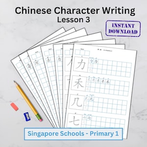 May include: A set of printable worksheets for learning Chinese character writing. The worksheets feature the characters "河", "去", "カ", "禾", "几", "天", "九", and "七" written in black ink on a white background. The worksheets are labeled "Chinese Character Writing Lesson 3" and "Singapore Schools - Primary 1".