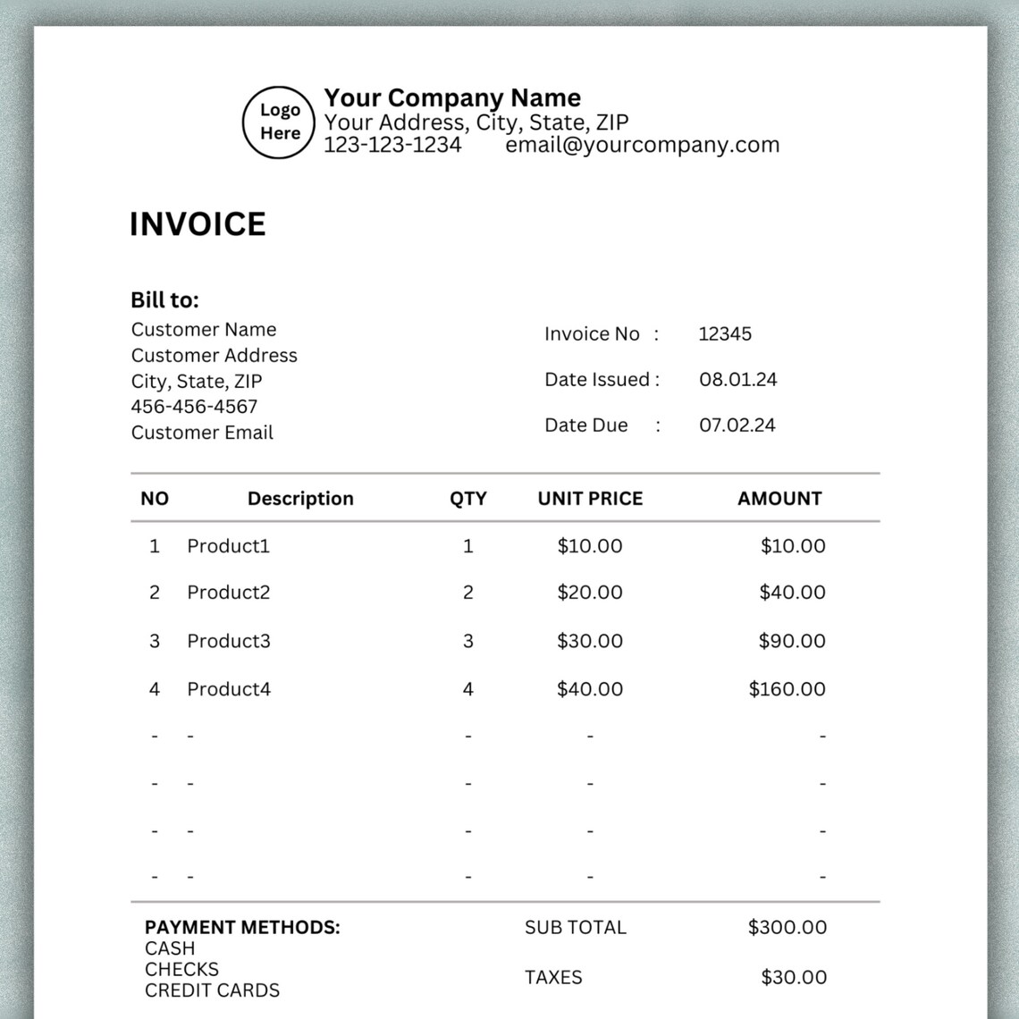 Small Business Invoice Template Editable, Custom Order Form Printable ...