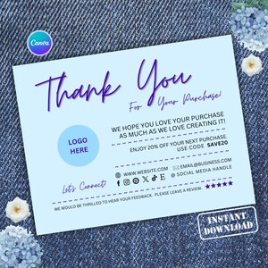Blue Business Thank You Card, Editable Printable Package Insert Template, Etsy Small Business Customizable Thank You For Your Purchase Card