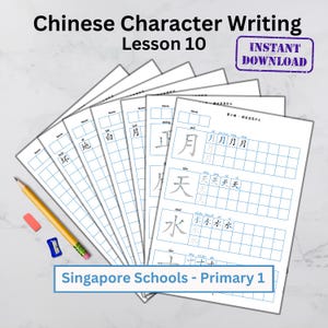 May include: A set of printable worksheets for learning Chinese character writing. The worksheets feature the characters for "bad", "earth", "white", "moon", "day", and "water". The title of the worksheet is "Chinese Character Writing Lesson 10" and the bottom of the worksheet says "Singapore Schools - Primary 1".