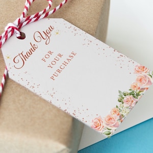 Tag bedankt voor je aankoop, bloemen roségoud geschikt voor verjaardag, bruids, baby, gunsttags bruiloft, bewerkbare aanpasbare tag