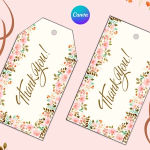 Étiquette-cadeau de remerciement floral rose pour cadeaux de naissance, de mariée et de shower de mariage ; Étiquette et étiquette Papercraft imprimables modifiables pour fête d'anniversaire