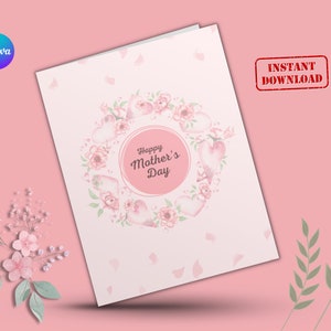 Tarjeta imprimible con anillo floral rosa para el Día de la Madre, mensaje personalizable instantáneo para el Día de la Madre, tarjeta para mamá, regalo para el Día de la Madre