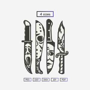 May include: Four black and white embroidery designs of different knives with scary faces on the blades. The designs are labeled "PES", "DST", "XXX", "JEF", and "PDF".