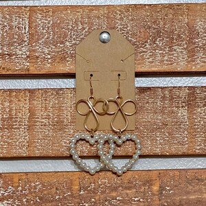 Handcrafted Gold Wire Dangle Earrings: Pearl Heart, 2.5 inch