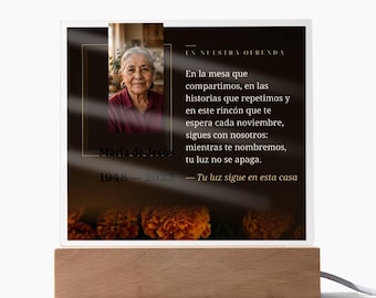 Placa Memorial con Foto para Ofrenda en Español | Día de Muertos | Placa LED Cuadrada con Nombre y Fechas