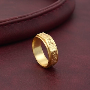 Lion Band Ring for Men in 14K Solid Gold, Elegant Gold Wedding Band Ring, Zodiac 10K Gold Leo Jewelry, Birthday Gift, Gold Ring for Husband