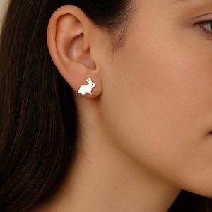 Cute Bunny Stud Earrings, Sterling Silver Rabbit Earrings, Animal Jewelry Gift for Her