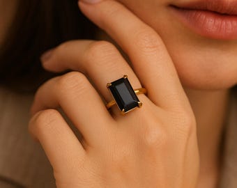 Anel vintage de ônix preto, anel marcante com corte retangular, anel solitário em ouro estilo Art Déco, presente perfeito para ela.