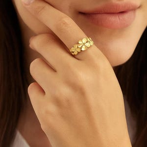 Può includere: Un anello color oro caratterizzato da una fascia composta da molteplici piccoli fiori a cinque petali disposti in una fila continua. Il metallo presenta una finitura opaca e testurizzata, e il motivo floreale avvolge il dito come una fascia.