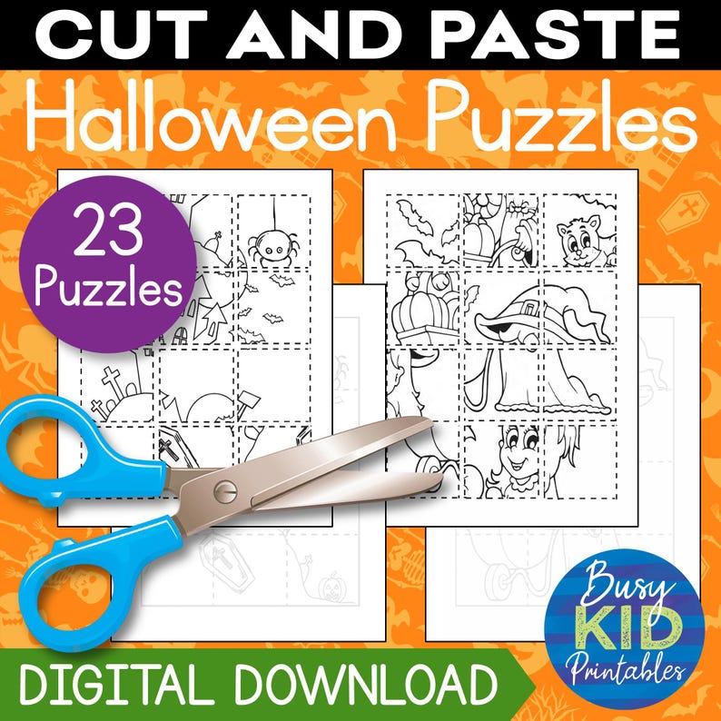 May include: A digital download of 23 printable Halloween-themed puzzles for kids. The puzzles feature images of witches, pumpkins, ghosts, and other Halloween characters. The puzzles are designed to be cut out and pasted together.