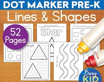 Preschool Skills Dot Marker Printable - Learning Lines and Simple Shapes Dab a Dot Coloring Pages for PreK Kids