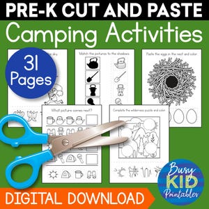 Camping Fun Scissor Skills Printable - Cute Cut and Paste Activity Pages for Toddler and Preschool with Coloring - Homeschool