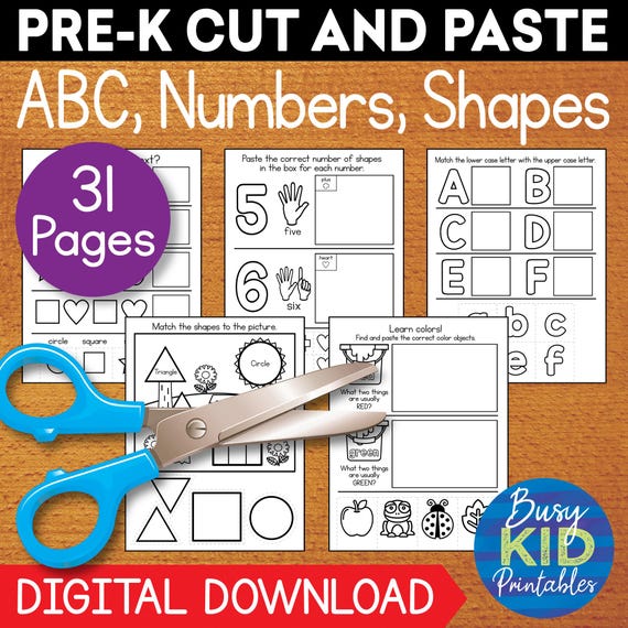 PreK Scissor Skills Printable - Cut and Paste Activity Pages for Preschooler - Alphabet Letters Shapes Numbers Colors - Homeschool