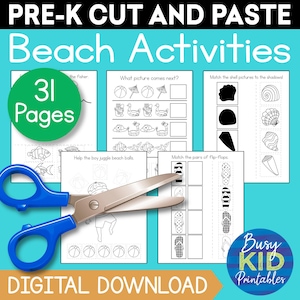 Beach Fun Scissor Skills Printable - Summer Cut and Paste Activity Pages for Preschool with Coloring - Homeschool