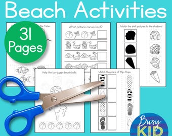Beach Fun Scissor Fähigkeiten zum Ausdrucken - Sommer Ausschneiden und Einfügen Aktivitätsseiten für Vorschule mit Färbung - Heimschule