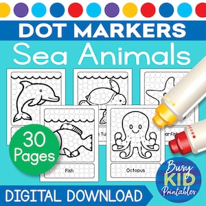 May include: A set of 30 printable dot marker activity pages featuring sea animals. The pages include a dolphin, turtle, starfish, fish, and octopus. The pages are designed for use with dot markers.