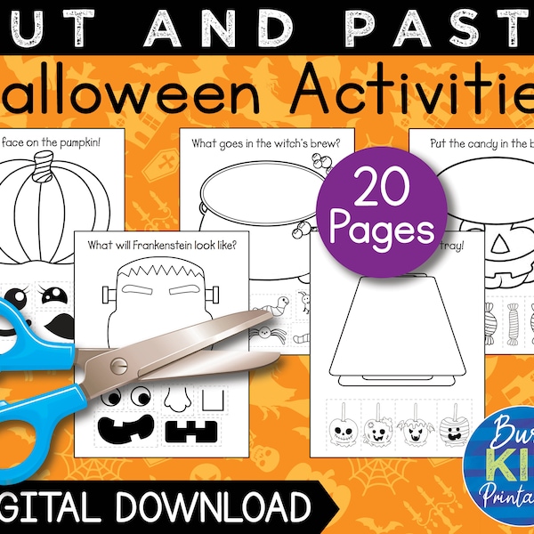 Halloween Scissor Skills Printable - Cute Cut and Paste Activity Pages for Toddler and Preschool with Coloring - Pumpkins Ghosts Witch Bats