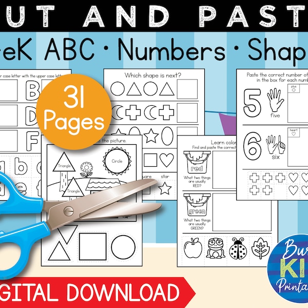 PreK Scissor Skills Printable - Cut and Paste Activity Pages for Preschooler - Alphabet Letters Shapes Numbers Colors - Homeschool