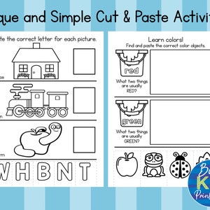 May include: A printable activity sheet with the text "Unique and Simple Cut & Paste Activities." The sheet includes cut-and-paste exercises for learning letters and colors, featuring images of a house, train, worm, and various colored objects.