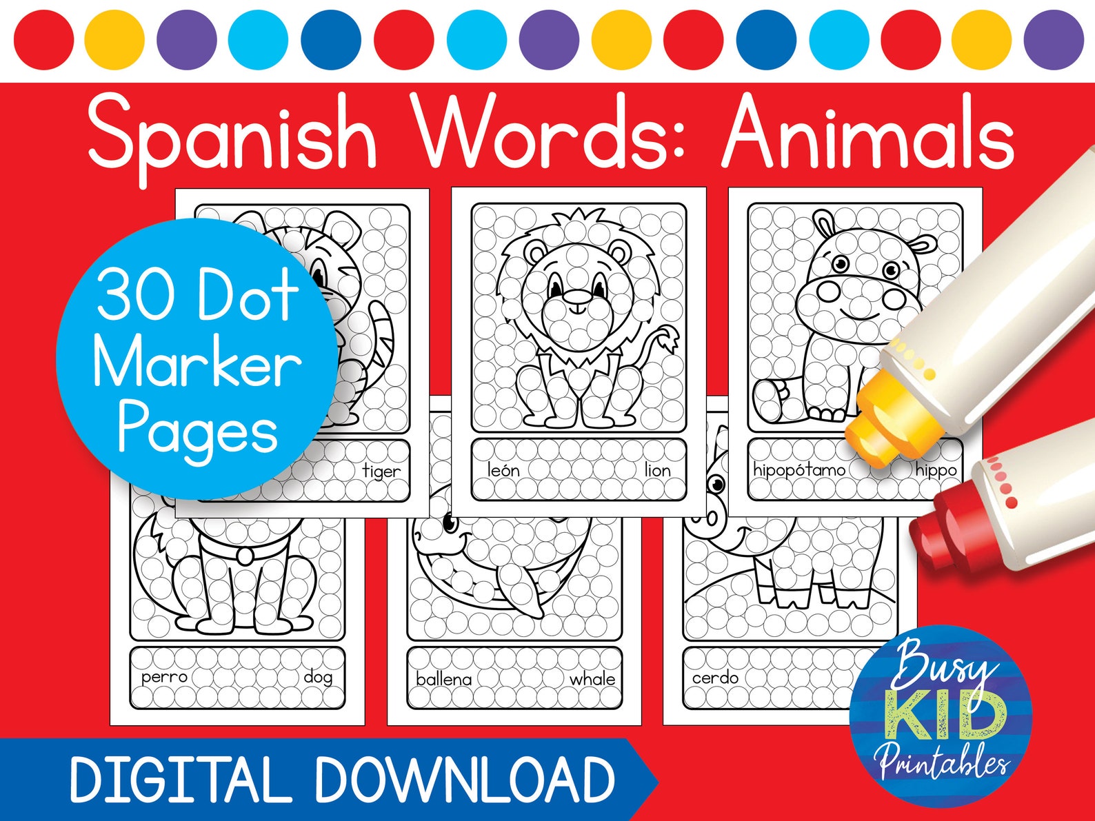 Spanish Animal Words Dot Marker Printable