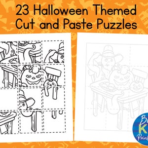 May include: A black and white printable Halloween-themed cut and paste puzzle featuring a witch, a ghost, and pumpkins. The puzzle is divided into nine squares. The title "23 Halloween Themed Cut and Paste Puzzles" is at the top of the image. The text "Busy Kid Printables" is at the bottom right of the image.