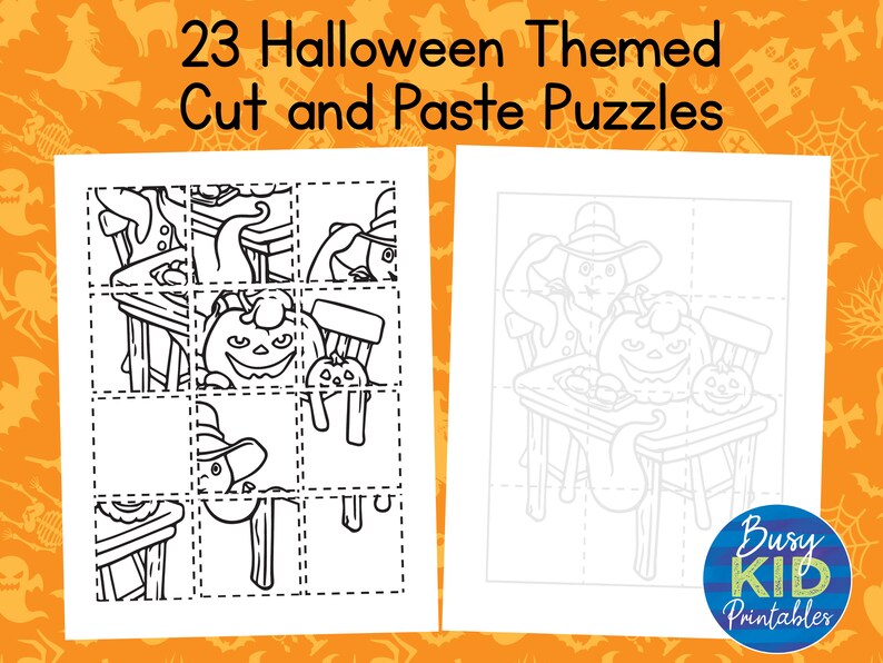 May include: A black and white printable Halloween-themed cut and paste puzzle featuring a witch, a ghost, and pumpkins. The puzzle is divided into nine squares. The title "23 Halloween Themed Cut and Paste Puzzles" is at the top of the image. The text "Busy Kid Printables" is at the bottom right of the image.