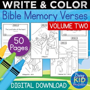 Può includere: Un set di 50 pagine stampabili per bambini da colorare, leggere e scrivere versetti biblici. Le pagine presentano illustrazioni di storie bibliche, tra cui la storia di Elia e i profeti di Baal, e la storia di Samuele che unge Davide. Le pagine sono progettate per aiutare i bambini ad imparare e memorizzare i versetti biblici.