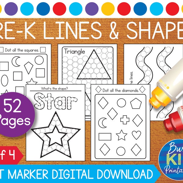 Preschool Skills Dot Marker Printable - Learning Lines and Simple Shapes Dab a Dot Coloring Pages for PreK Kids