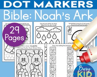 Può includere: Un libro di attività stampabile blu e bianco intitolato "Dot Markers Bible: Noah's Ark". La copertina presenta punti colorati e la scritta "29 Pages" in un cerchio viola. Include pagine da colorare e attività punto-punto. "DIGITAL DOWNLOAD" è anche visibile.