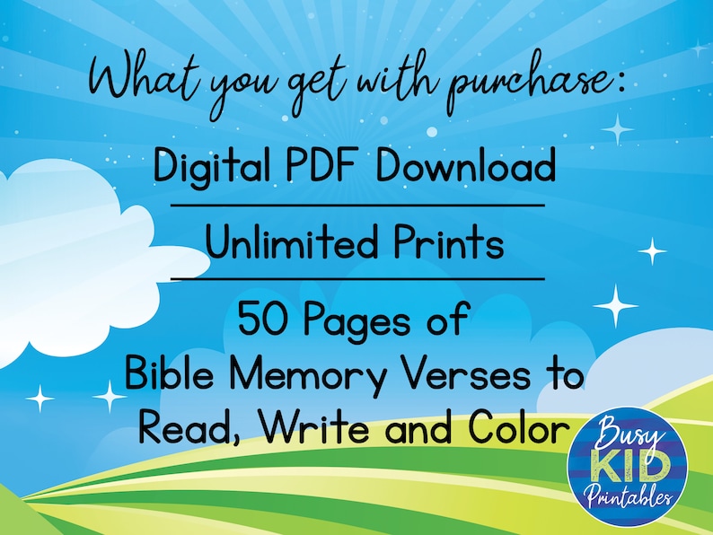Puede incluir: Una descarga digital en PDF con impresiones ilimitadas, con 50 p&aacute;ginas de vers&iacute;culos de la Biblia para leer, escribir y colorear. La imagen tiene un fondo de cielo azul con colinas verdes y el texto "What you get with purchase:" en la parte superior.