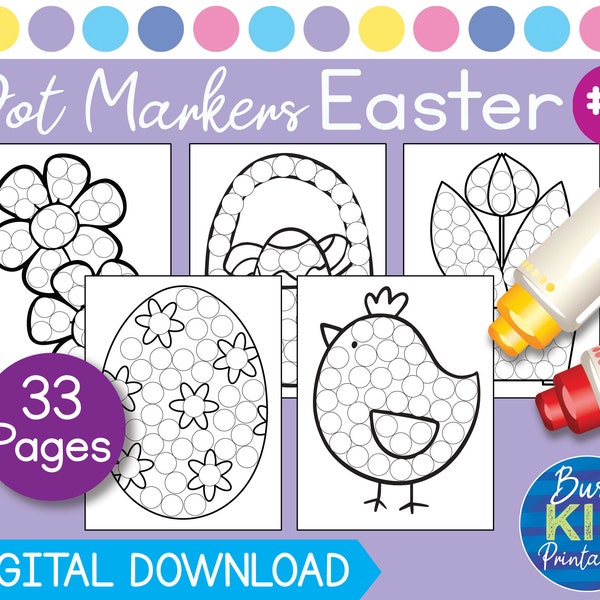 Easter Dot Marker Printable Activity - Dab a Dot Coloring Pages for Toddler and Preschool Kids - Bunny Eggs Chick Spring