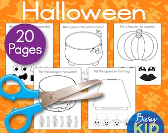 Halloween Scheren Fähigkeiten zum ausdrucken - Niedliche Ausschneiden und Einfügen Aktivität Seiten für Kleinkind und Vorschule mit Färbung - Kürbisse Geister Hexe Fledermäuse
