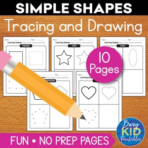 May include: Educational printable featuring simple shapes for tracing and drawing. Includes a pencil, and pages with squares, stars, ovals, pentagons, and hearts. The text says "SIMPLE SHAPES Tracing and Drawing" and "FUN • NO PREP PAGES".