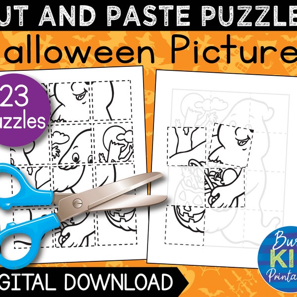 Halloween Printable Puzzles - Fun Cut and Paste Activity Pages for Preschool - Scissor Skills and Coloring - Pumpkins Ghosts Witch Bats