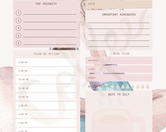 May include: A pink and blue daily planner featuring a watercolour illustration of a person reading a book. The planner includes sections for top priority tasks, important reminders, a plan of action, a meal plan, water intake, and a note to self. The planner has a simple and elegant design.