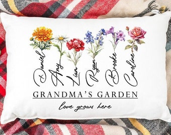 Custom Grandma's Garden Pillow, Personalized Grandkids Name With Birth Flower Pillow, Grandma Gift Ideas, Gift For Grandma, Mothers Day Gift