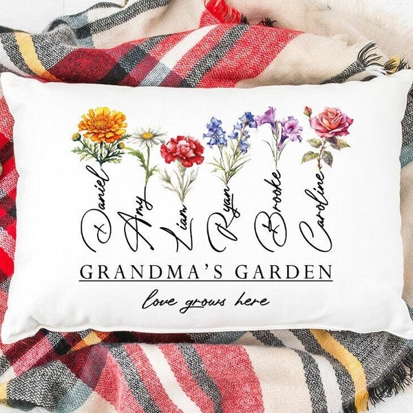 Custom Grandma's Garden Pillow, Personalized Grandkids Name With Birth Flower Pillow, Grandma Gift Ideas, Gift For Grandma, Mothers Day Gift