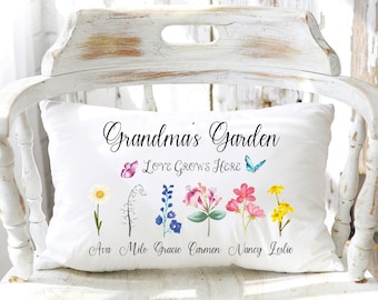 Personalized Birth Month Flower Pillow, Grandma's Garden Gift, Mother's Day Gift Grandkids Name Birth Flower Garden Pillow, Gift For Grandma