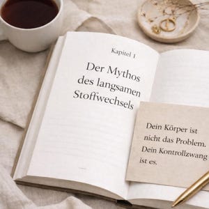May include: An open book with German text, a cup of coffee, and a small dish with jewelry. The book's title is "Der Mythos des langsamen Stoffwechsels" and a sticky note reads "Dein K&ouml;rper ist nicht das Problem. Dein Kontrollzwang ist es."